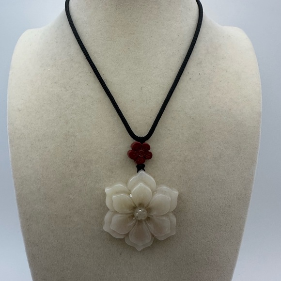 Handmade Jade and Cinnabar Double Flower Pendant Necklace on Adjustable Rope - Picture 9 of 9